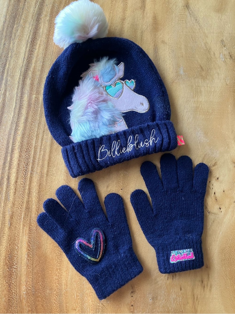 Billieblush Navy Unicorn Pom Beanie with Matching Gloves 2T